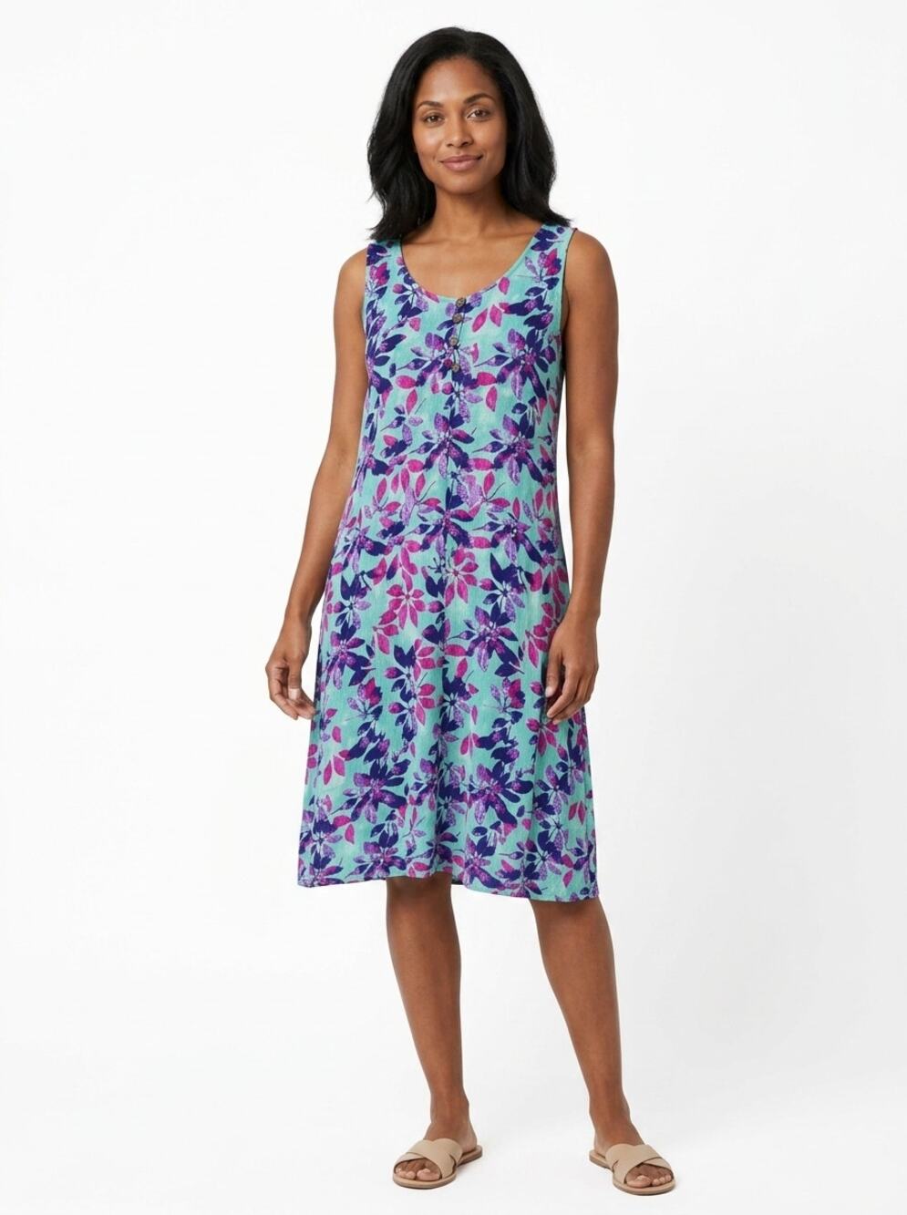 Kaktus Green A-Line Knee Length Floral Lightweight Dress Women Size L